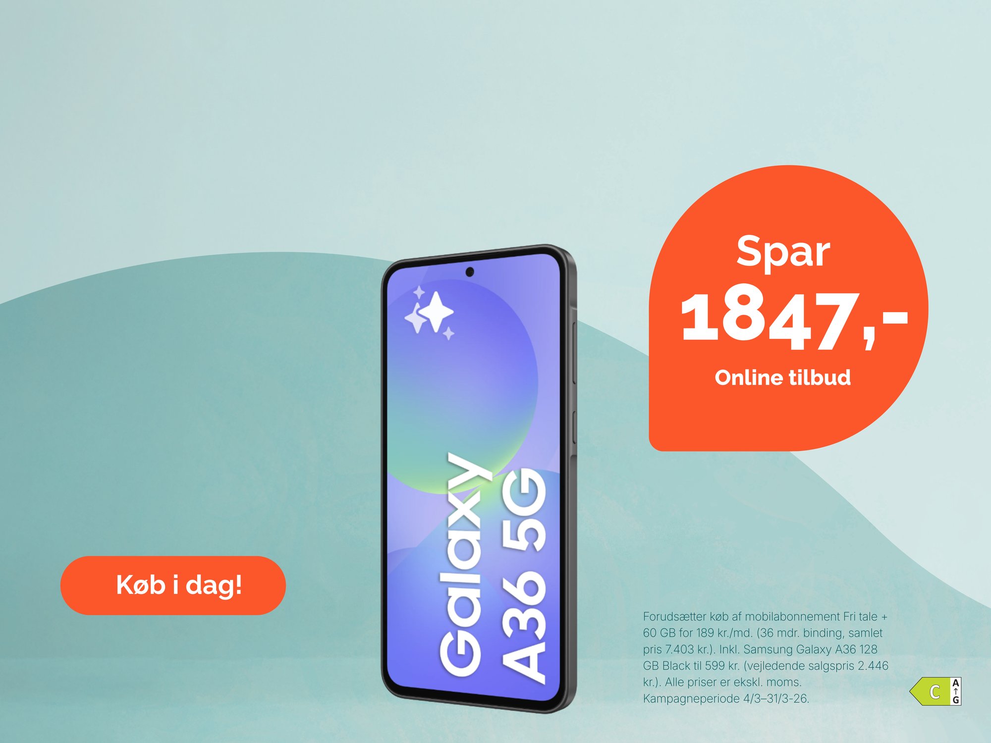 Samsung Galaxy A36 spar 1847. Energimærke C. Køb i dag.