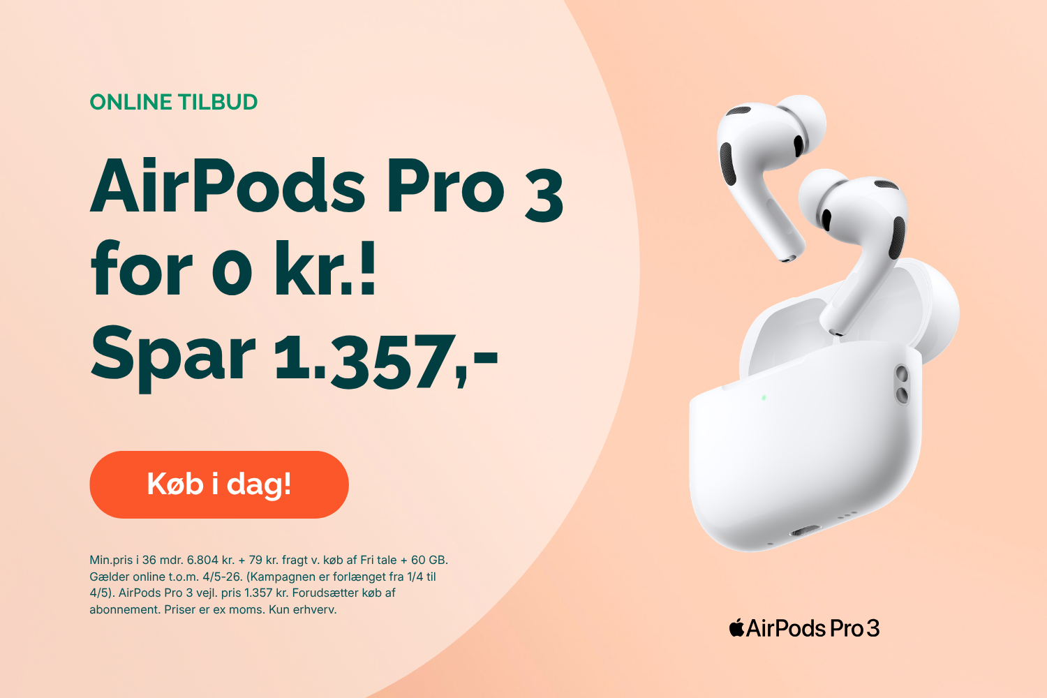 AirPods Pro 3 til erhverv med teksten “For 0 kr! Spar 1.357,-” ved abonnement og knap “Køb i dag”