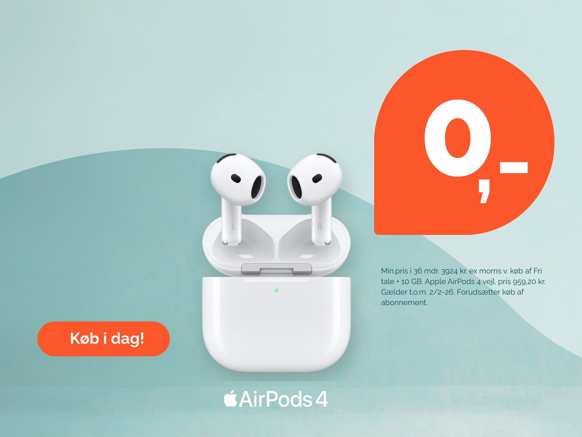 Januar-tilbud-på-Apple-AirPods-4-viser-åbent-hvidt-AirPods-etui-med-to-trådløse-øretelefoner.-Pris-0-kroner-med-abonnement.-Knap-med-teksten-Køb-i-dag.