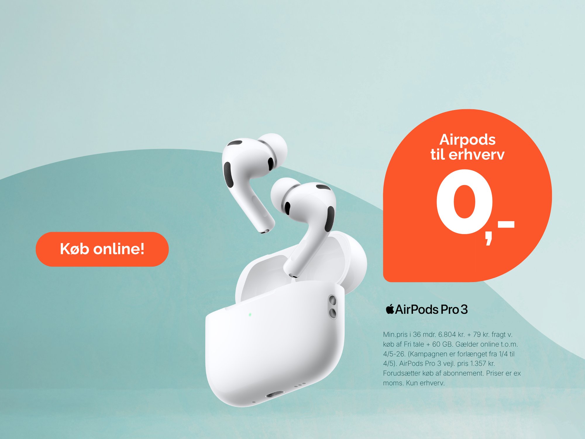 AirPods Pro 3 trådløse høretelefoner til erhverv med teksten “Airpods til erhverv 0,-” og knap “Køb online”