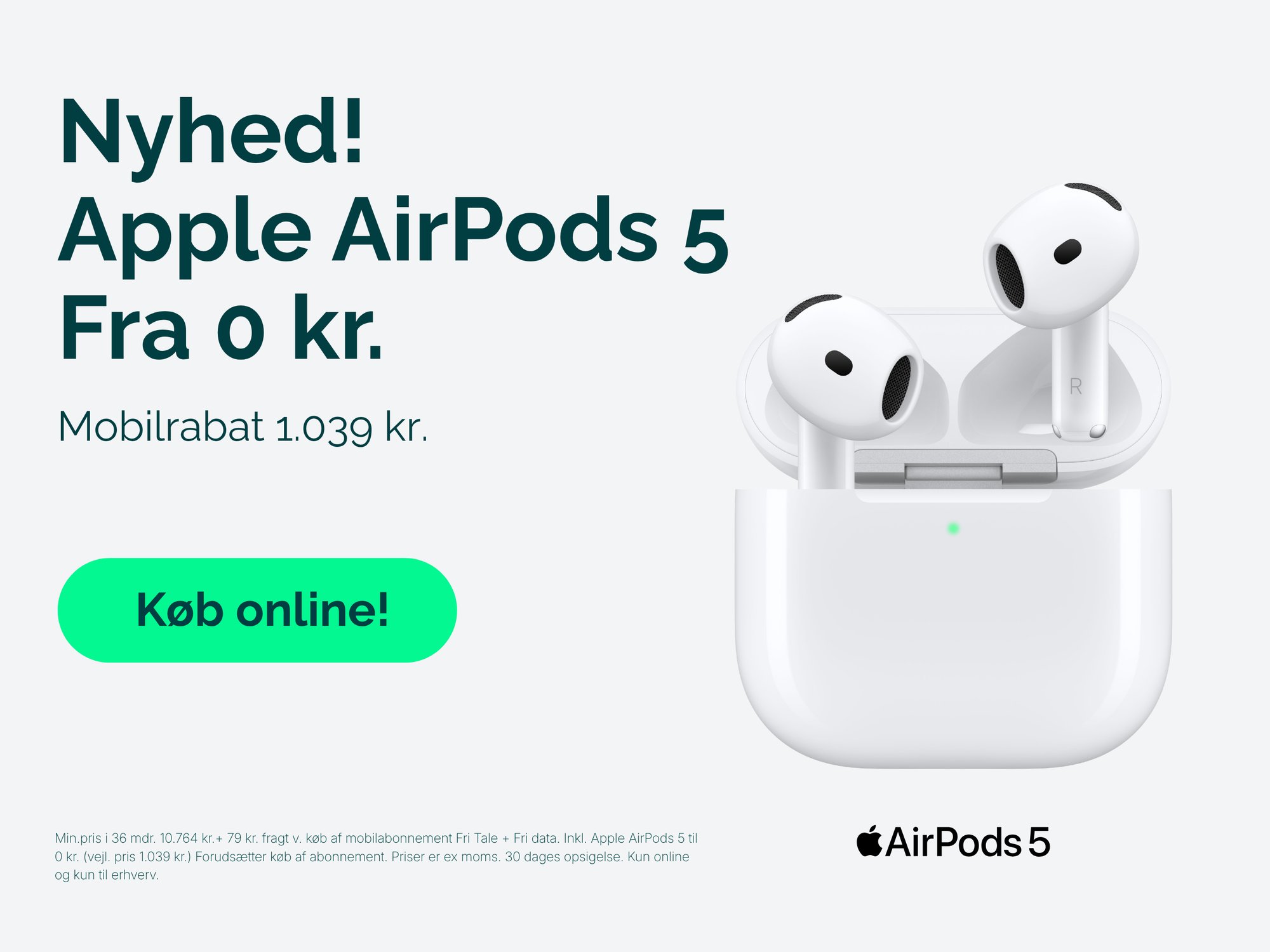 Apple AirPods 5 til erhverv hos Relatel fra 0 kr. med mobilabonnement og mobilrabat på 1.039 kr.