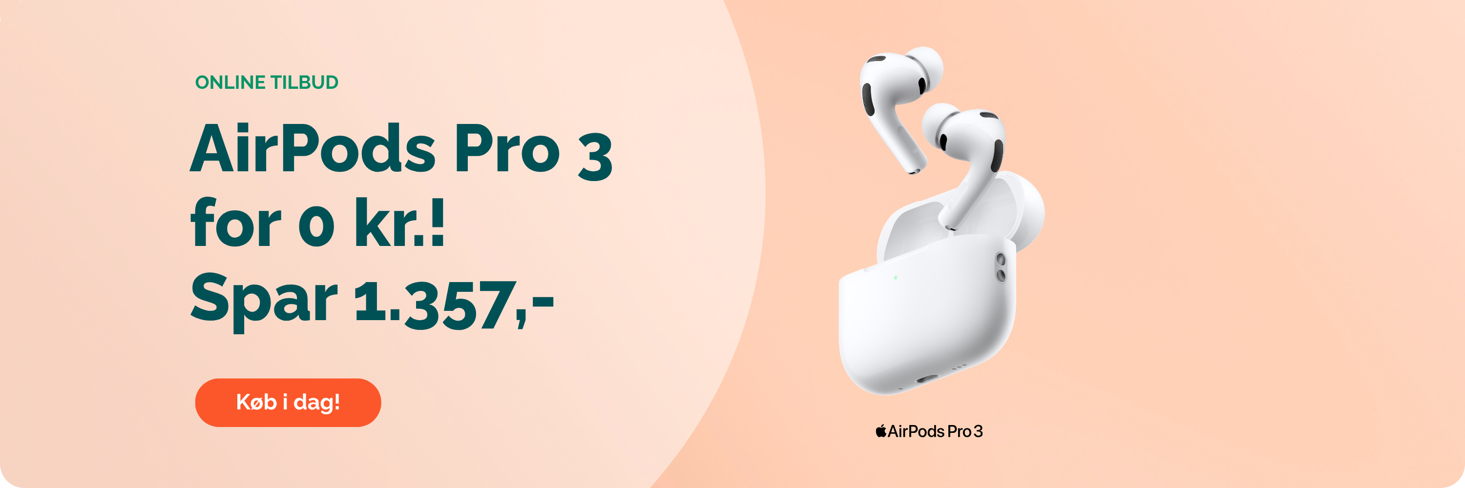 AirPods Pro 3 til erhverv med teksten “For 0 kr! Spar 1.357,-” ved abonnement og knap “Køb i dag”.-2