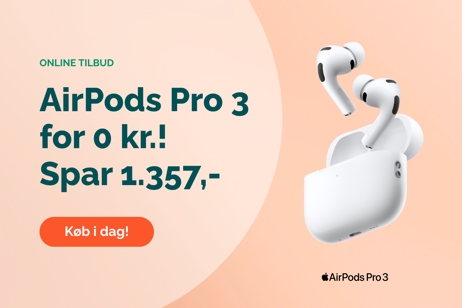 AirPods Pro 3 til erhverv med teksten “For 0 kr! Spar 1.357,-” ved abonnement og knap “Køb i dag”
