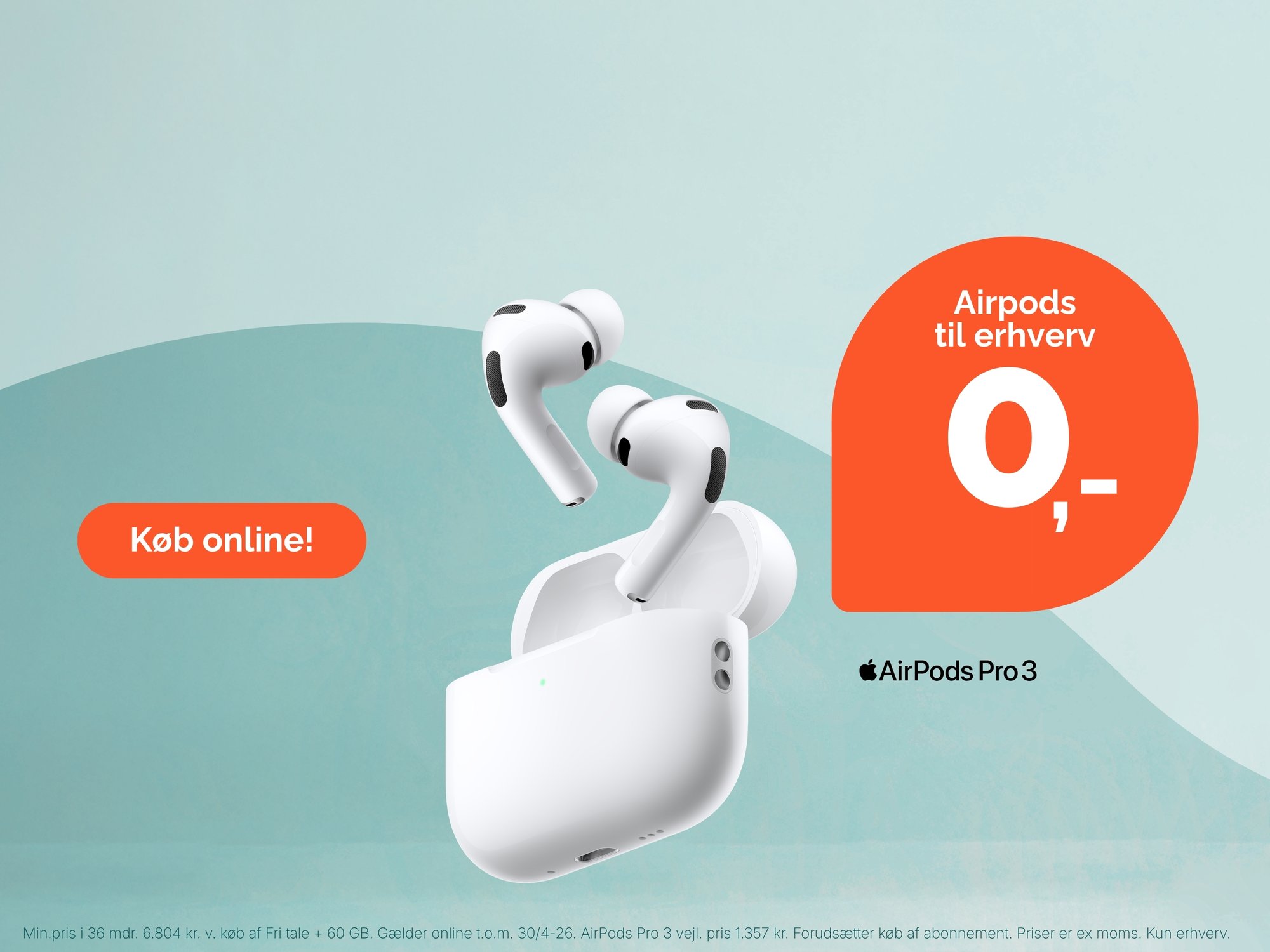AirPods Pro 3 trådløse høretelefoner til erhverv med teksten “Airpods til erhverv 0,-” og knap “Køb online”