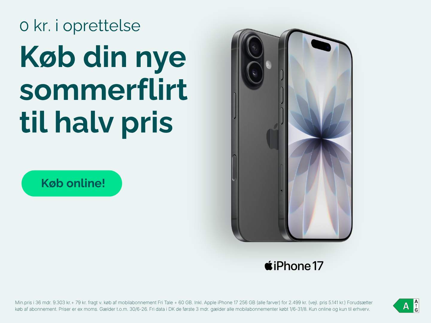 Banner med sort iPhone 17 og teksten Køb din nye sommerflirt til halv pris.