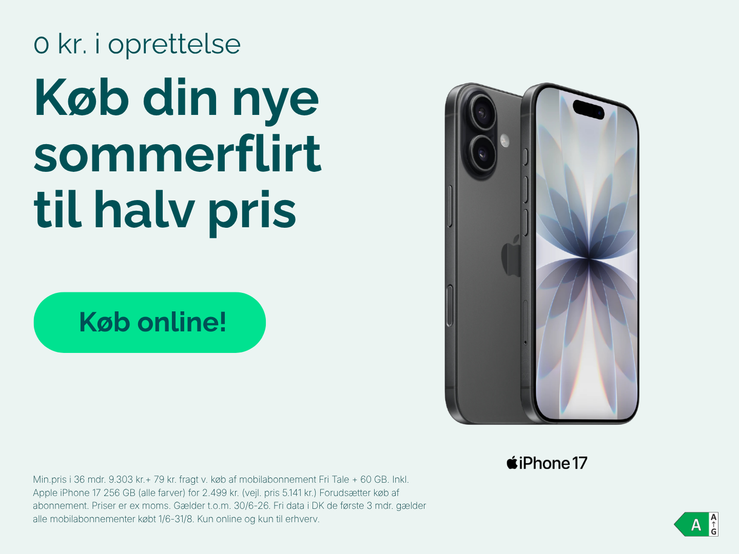 Banner med sort iPhone 17 og teksten Køb din nye sommerflirt til halv pris.