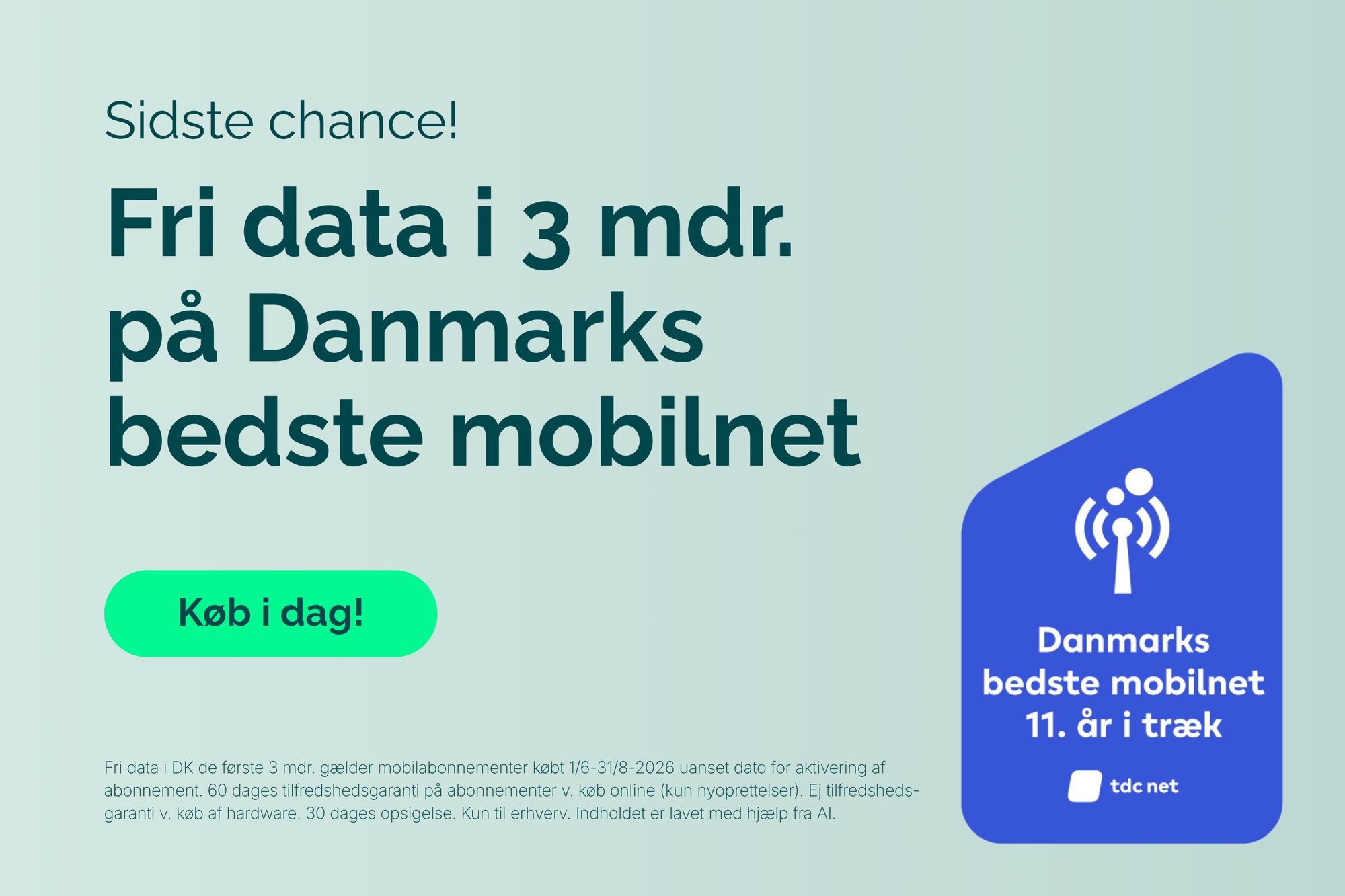 Banner om mobilabonnement med fri data i 3 måneder på Danmarks bedste mobilnet