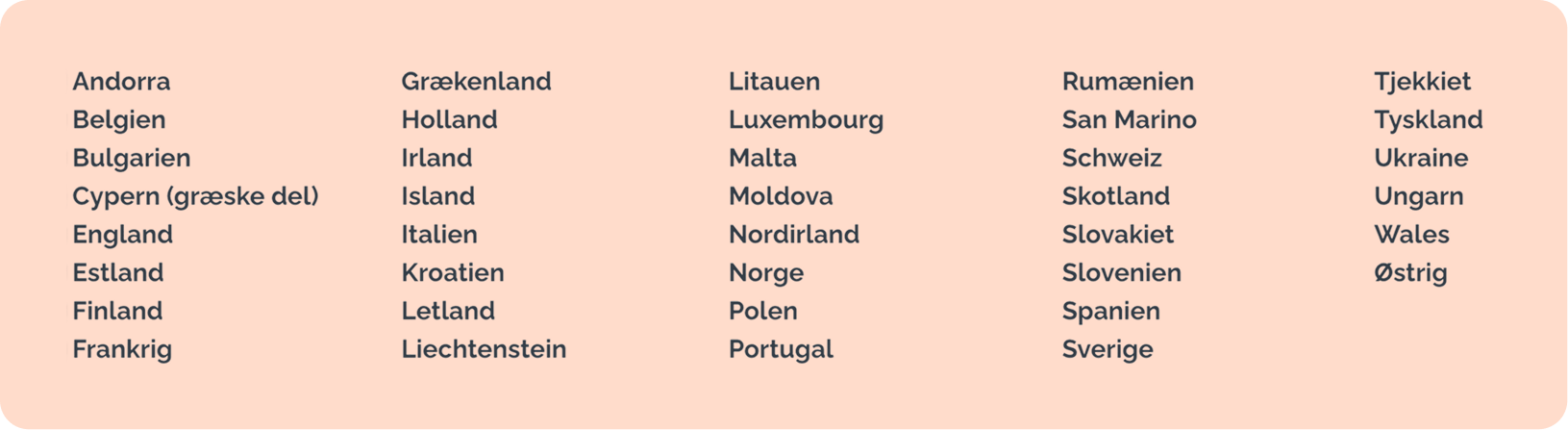 Andorra - Belgien - Bulgarien - Cypern (græske del) - England - Estland - Finland - Frankrig - Grækenland - Holland - Irland - Island - Italien - Kroatien - Letland - Liechtenstein - Litauen - Luxembourg - Malta - Moldova - Nordirland - Norge - Polen - Portugal - Rumænien - San Marino - Schweiz - Skotland - Slovakiet - Slovenien - Spanien - Sverige - Tjekkiet - Tyskland - Ukraine - Ungarn - Wales - Østrig
