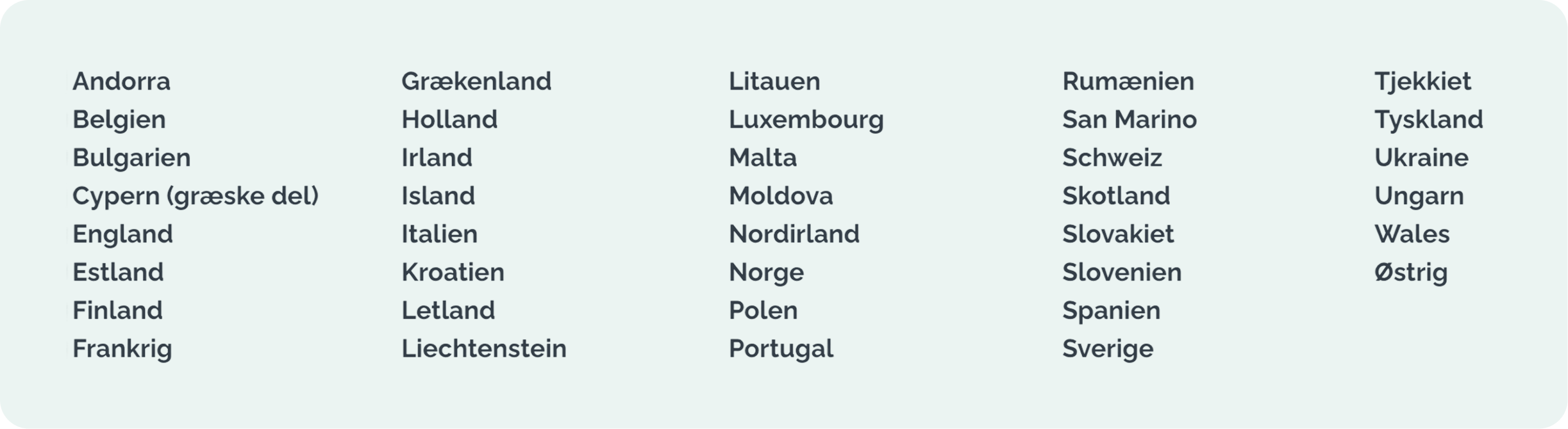 Andorra - Belgien - Bulgarien - Cypern (græske del) - England - Estland - Finland - Frankrig - Grækenland - Holland - Irland - Island - Italien - Kroatien - Letland - Liechtenstein - Litauen - Luxembourg - Malta - Moldova - Nordirland - Norge - Polen - Portugal - Rumænien - San Marino - Schweiz - Skotland - Slovakiet - Slovenien - Spanien - Sverige - Tjekkiet - Tyskland - Ukraine - Ungarn - Wales - Østrig
