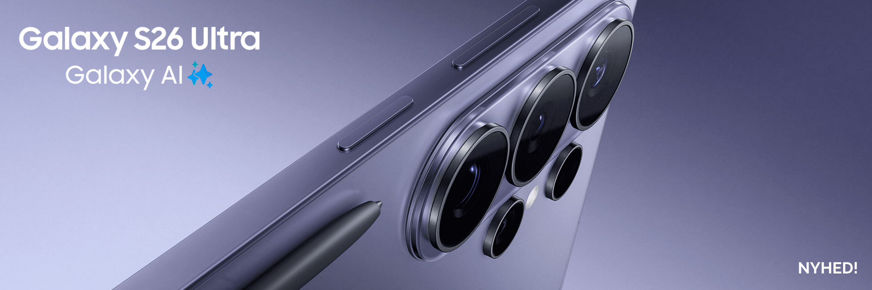 Samsung Galaxy S26 med kameramodul vist tæt på og tekst, der beskriver kameraer: 200 MP hovedkamera, 50 MP ultra wide, 50 MP telefoto, 10 MP telefoto og 12 MP frontkamera.