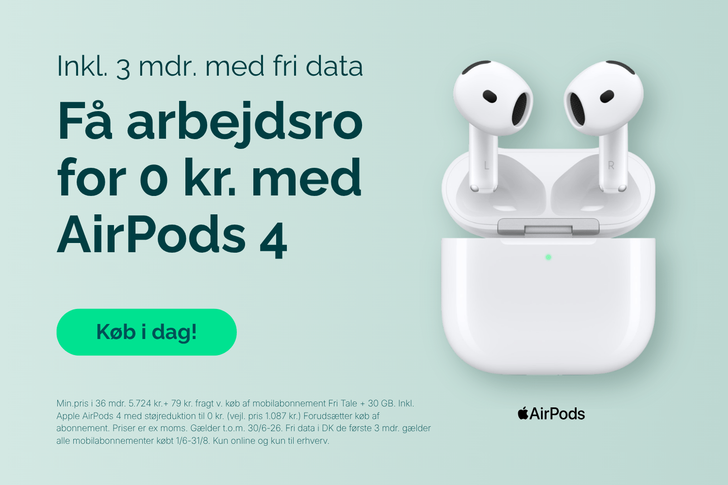 Relatel banner med Apple AirPods 4 og mobilabonnement med fri data. Trådløse høretelefoner til arbejdsro og støjreduktion.-2