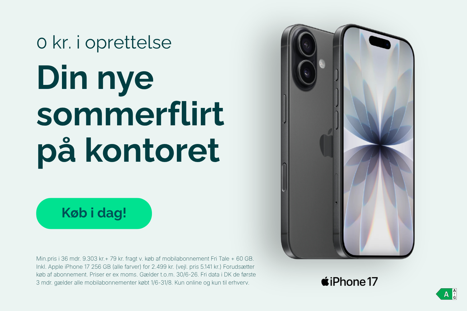 Relatel banner med Apple iPhone 17 og mobilabonnement med fri data. Køb iPhone 17 til erhverv og kontorbrug.-2