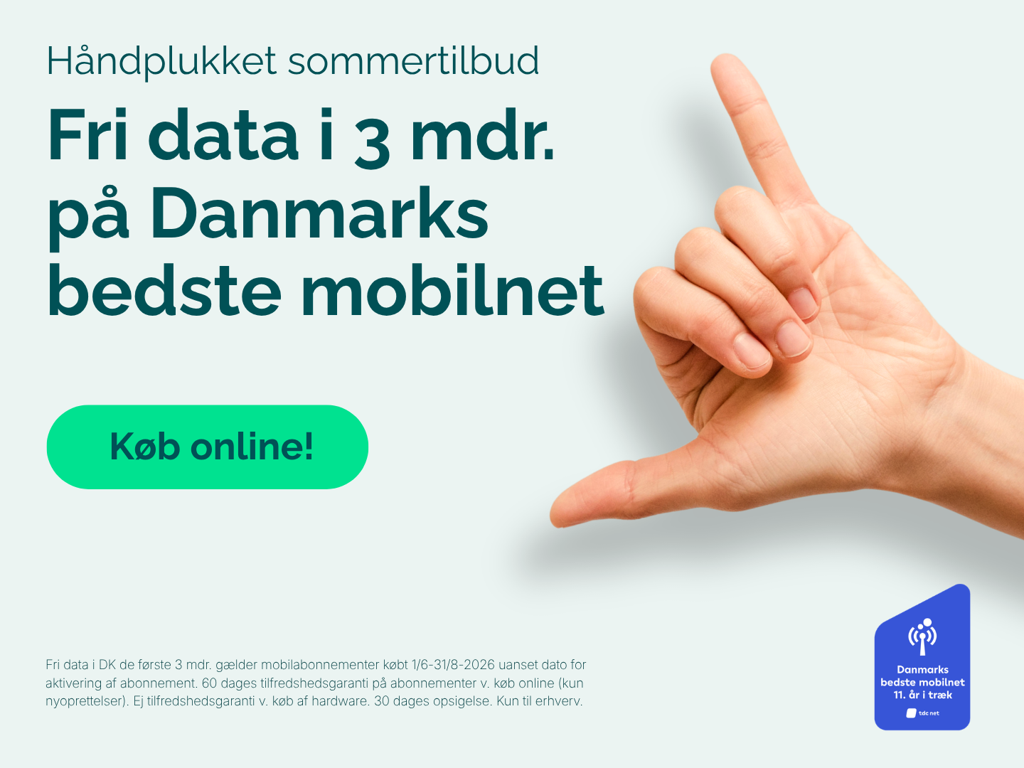 Relatel banner med håndtegn og teksten Fri data i 3 mdr på Danmarks bedste mobilnet.