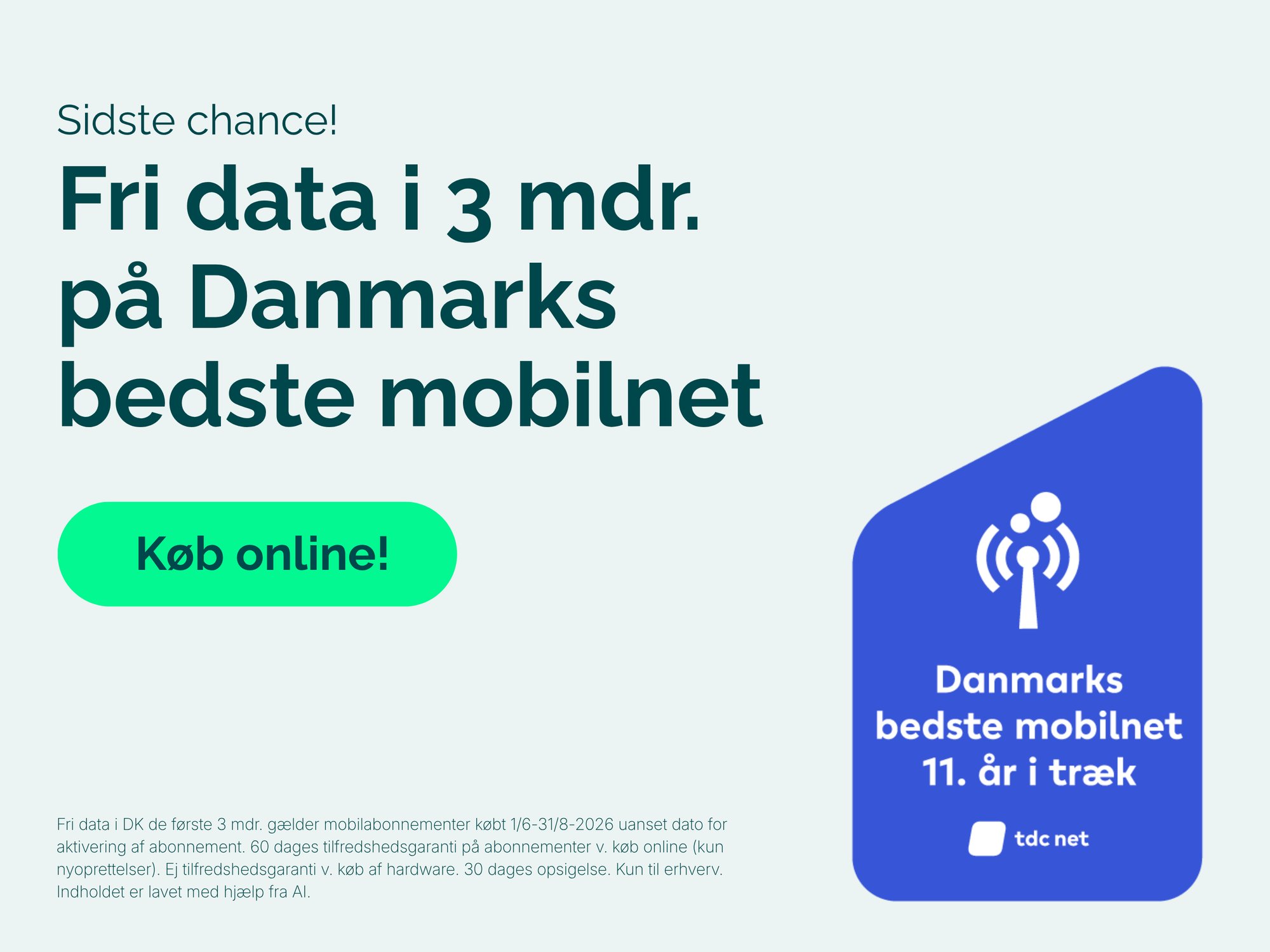 Relatel banner om mobilabonnement med fri data i 3 måneder på Danmarks bedste mobilnet.
