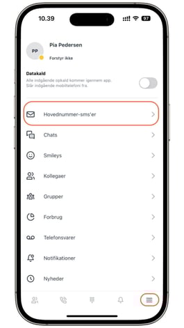 Hovednummer-sms på mobilapp