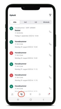 Opkaldsliste på mobilappen