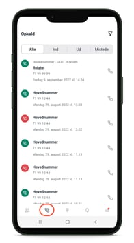 Opkaldsliste på mobilappen