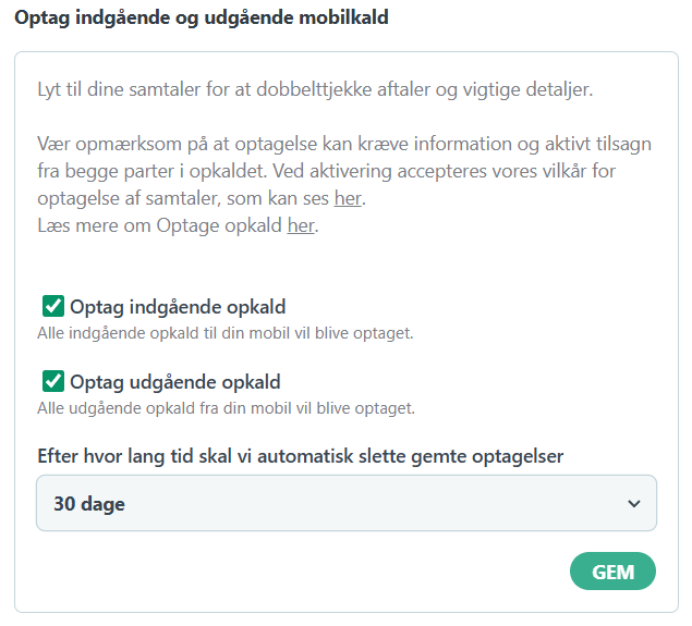 Optag kald mf