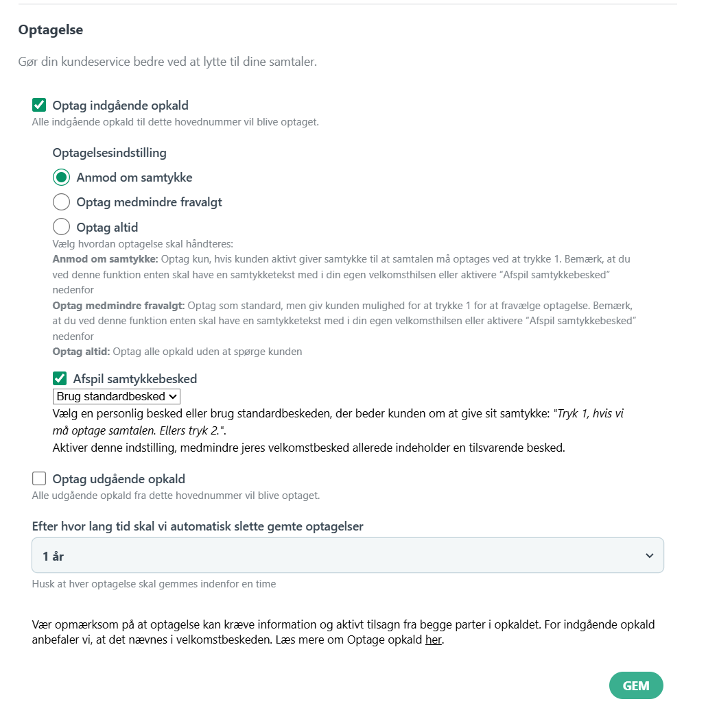 Optagelse af opkald - aktivt samtykke