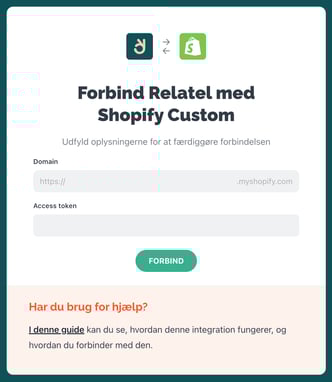 Brug disse informationer for at integrere Shopify med Relatel