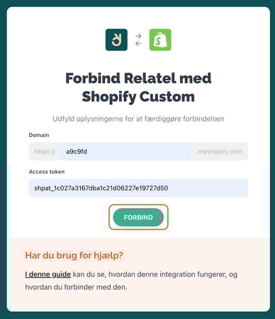 Forbind Relatel med Shopify custom
