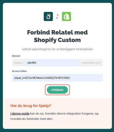 Forbind Relatel med Shopify custom