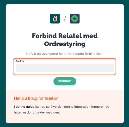 Indtast API-nøgle fra Ordrestyring