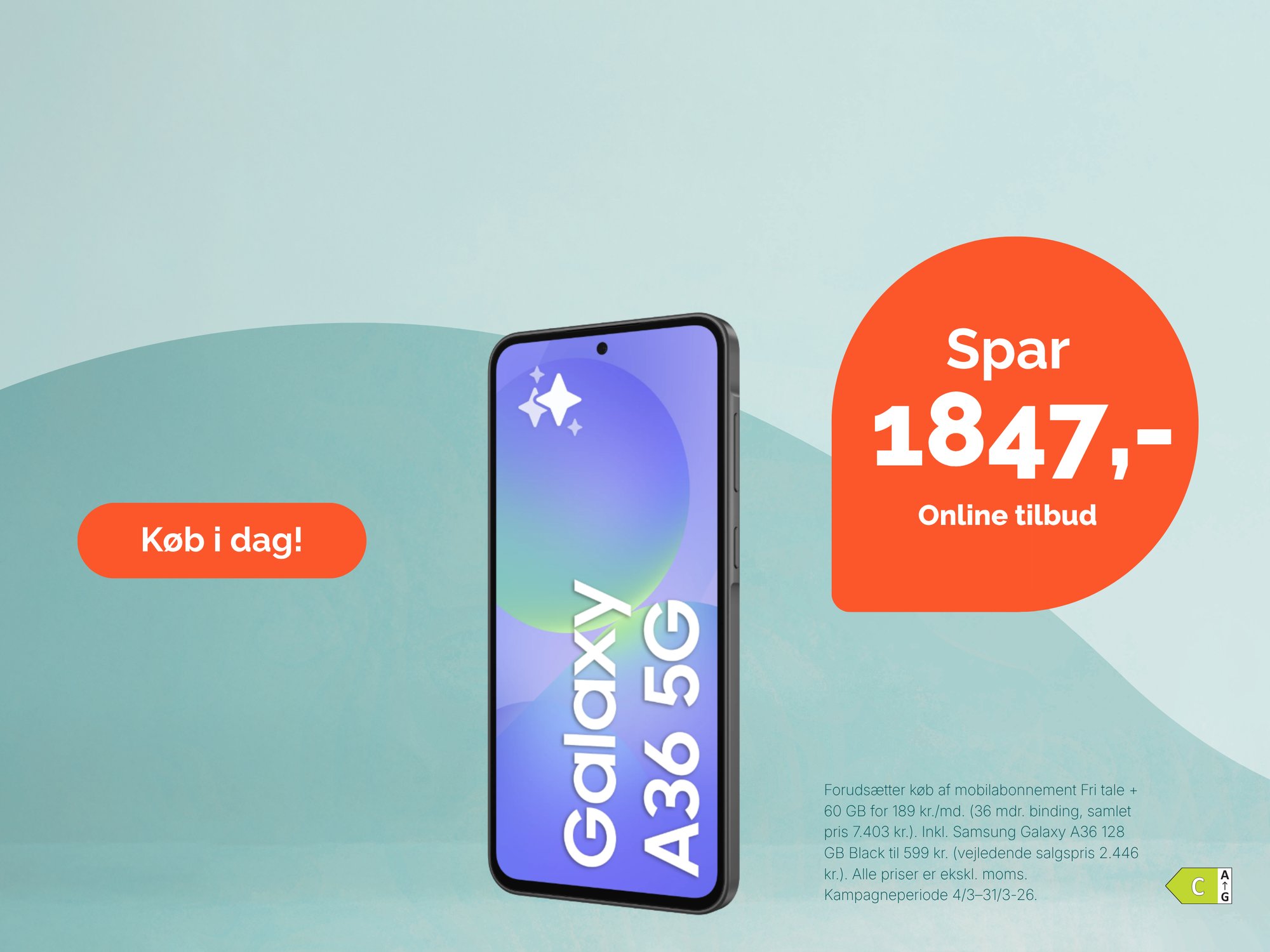 Samsung Galaxy A36 spar 1847. Energimærke C. Køb i dag.