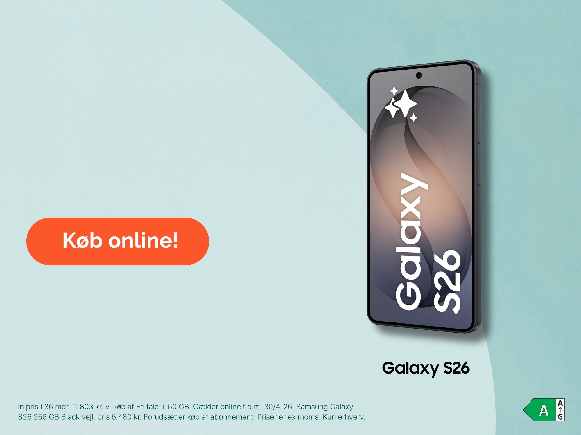 Samsung Galaxy S26 smartphone til erhverv med knap “Køb online”.