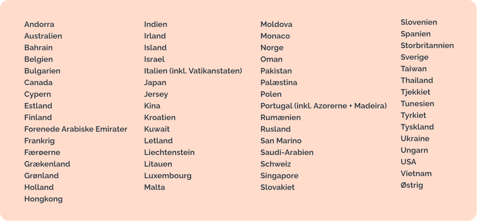Andorra - Australien - Bahrain - Belgien - Bulgarien - Canada - Cypern - Estland - Finland - Forenede Arabiske Emirater - Frankrig - Færøerne - Grækenland - Grønland - Holland - Hongkong - Indien - Irland - Island - Israel - Italien (inkl. Vatikanstaten) - Japan - Jersey - Kina - Kroatien - Kuwait - Letland - Liechtenstein - Litauen - Luxembourg - Malta - Moldova - Monaco - Norge - Oman - Pakistan - Palæstina - Polen - Portugal (inkl. Azorerne + Madeira) - Rumænien - Rusland - San Marino - Saudi-Arabien - Schweiz - Singapore - Slovakiet - Slovenien - Spanien - Storbritannien - Sverige - Taiwan - Thailand - Tjekkiet - Tunesien - Tyrkiet - Tyskland - Ukraine - Ungarn - USA - Vietnam - Østrig