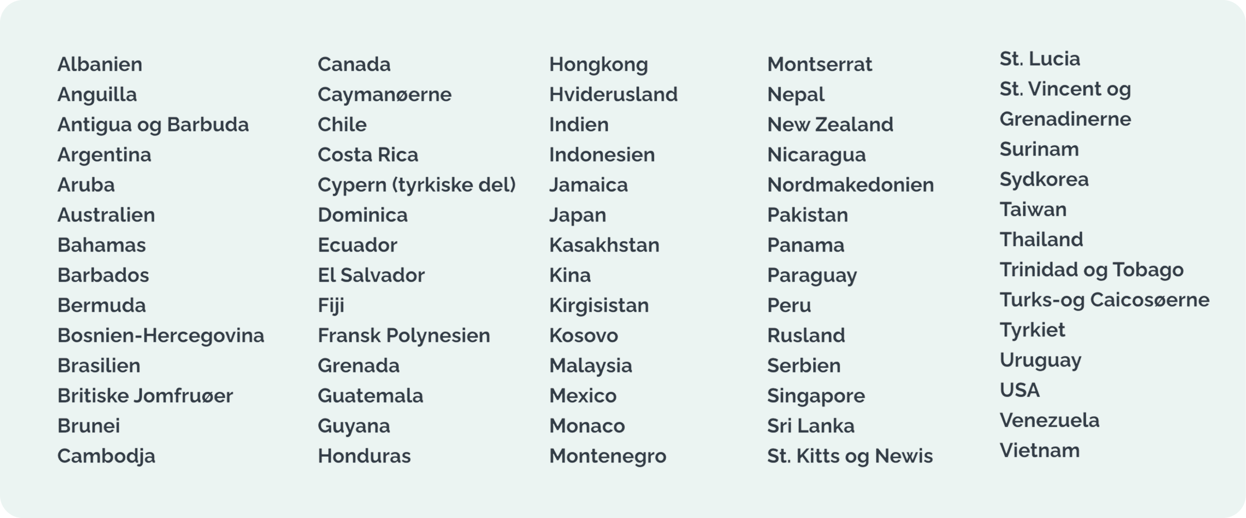 Albanien - Anguilla - Antigua og Barbuda - Argentina - Aruba - Australien - Bahamas - Barbados - Bermuda - Bosnien-Hercegovina - Brasilien - Britiske Jomfruøer - Brunei - Cambodja - Canada - Caymanøerne - Chile - Costa Rica - Cypern (tyrkiske del) - Dominica - Ecuador - El Salvador - Fiji - Fransk Polynesien - Grenada - Guatemala - Guyana - Honduras - Hongkong - Hviderusland - Indien - Indonesien - Jamaica - Japan - Kasakhstan - Kina - Kirgisistan - Kosovo - Malaysia - Mexico - Monaco - Montenegro - Montserrat - Nepal - New Zealand - Nicaragua - Nordmakedonien - Pakistan - Panama - Paraguay - Peru - Rusland - Serbien - Singapore - Sri Lanka - St. Kitts og Nevis - St. Lucia - St. Vincent og Grenadinerne - Surinam - Sydkorea - Taiwan - Thailand - Trinidad og Tobago - Turks-og Caicosøerne - Tyrkiet - Uruguay - USA - Venezuela - Vietnam